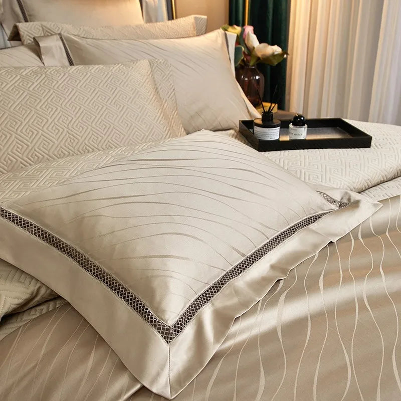 Jacquard & Satin Champagne Duvet Cover Set (Long-Staple Sateen Cotton)