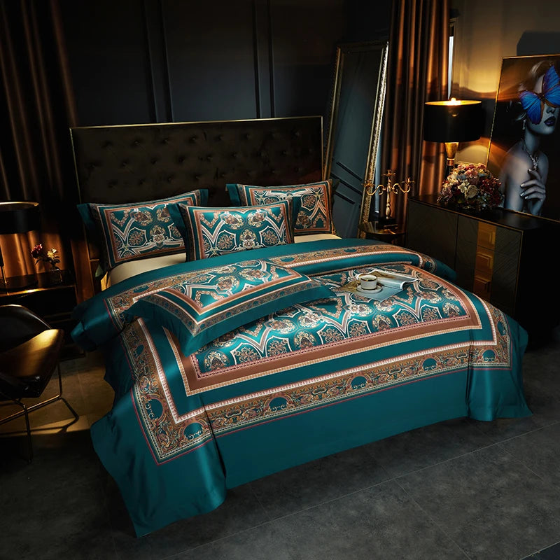 Arabesque Nocturne Deep Teal Duvet Cover Set (Long-Staple Sateen Cotton)