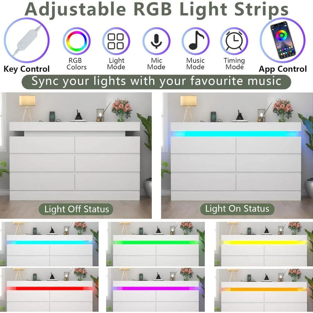 Chic Dresser with Integrated LED Lighting and Six Drawers - US - KaveCore