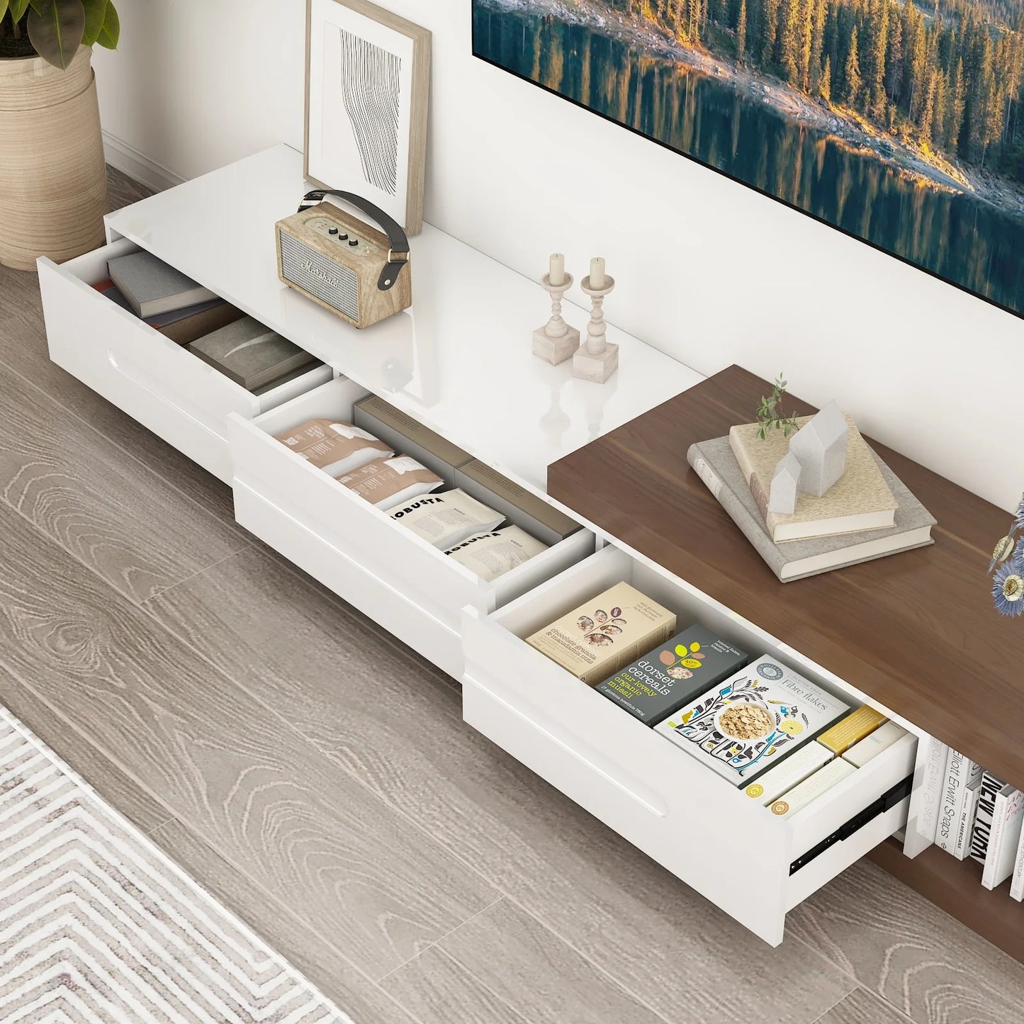 The AlignMax Media Console – Extendable TV Cabinet with 3 Drawers & Shelf US - KaveCore