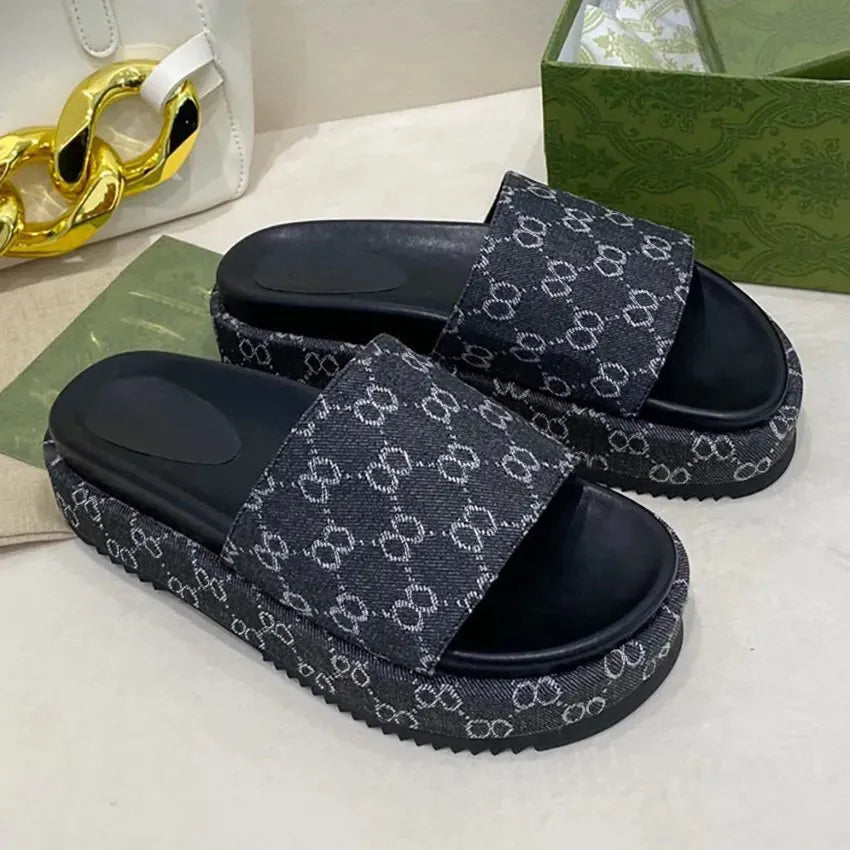 Designer Sandals Slippers Platform Canvas Flat Mules