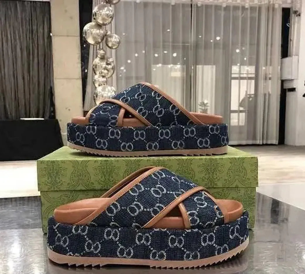 Designer Sandals Slippers Platform Canvas Flat Mules