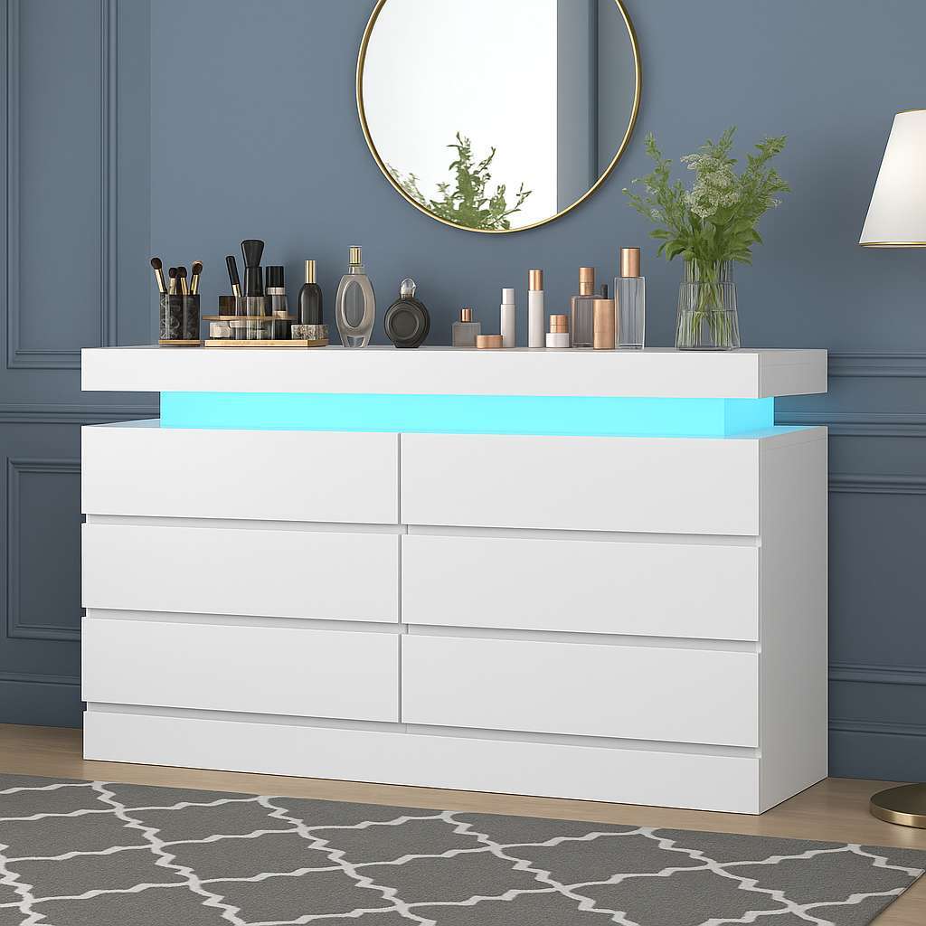 Chic Dresser with Integrated LED Lighting and Six Drawers - US - KaveCore