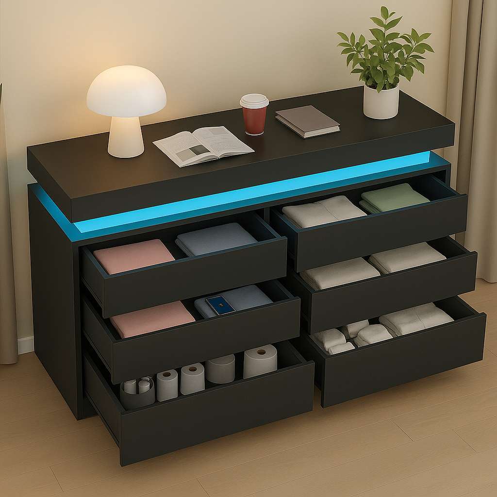 Chic Dresser with Integrated LED Lighting and Six Drawers - US - KaveCore